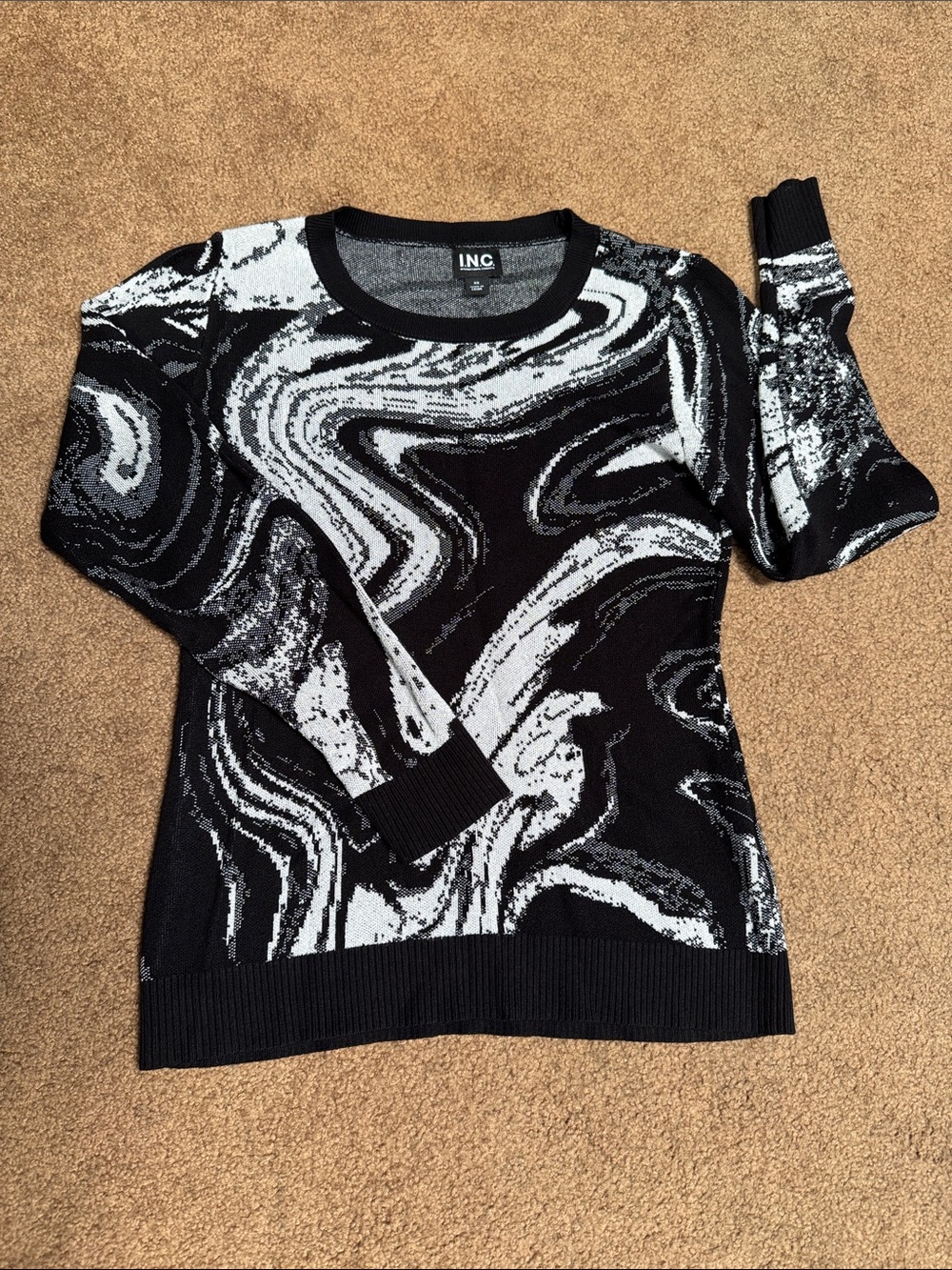 INC International Concepts Black & White Swirl Crewneck Sweater